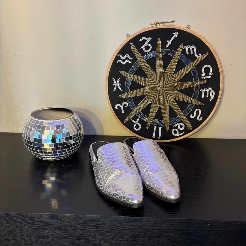 Shellys London Silver Snakeskin Mules